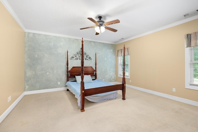 bedroom with baseboards, carpet, visible vents, and crown molding
