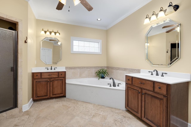 full bath featuring a garden tub, a stall shower, a sink, and crown molding
