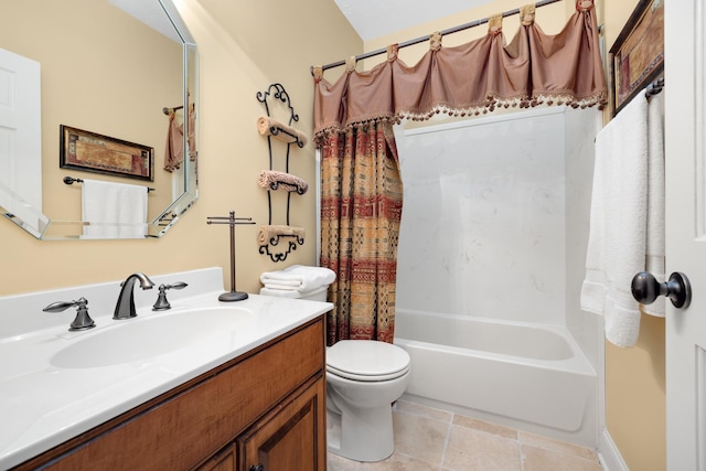 bathroom with shower / tub combo, vanity, toilet, and tile patterned floors