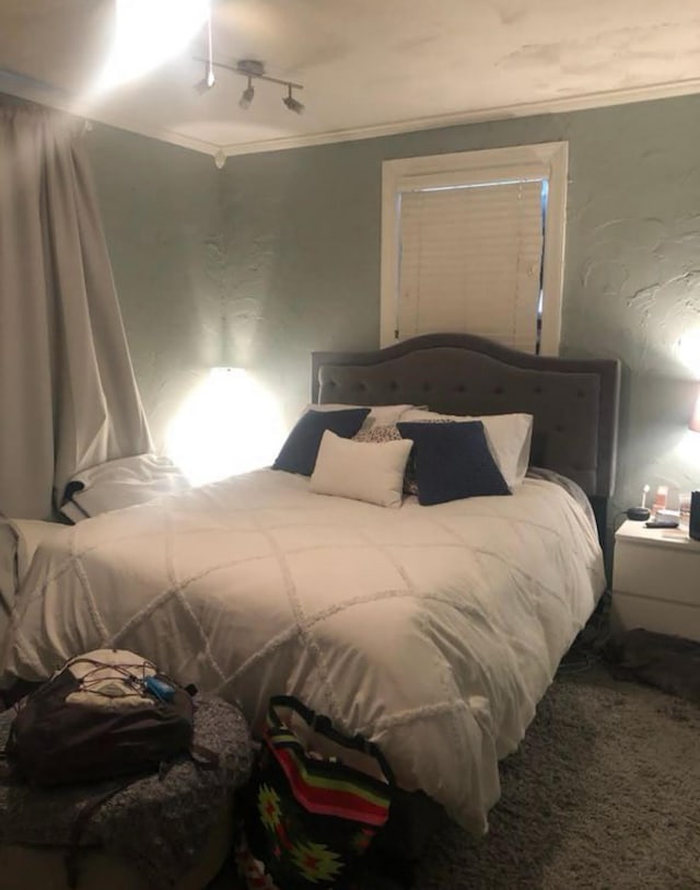 bedroom with carpet, rail lighting, and ornamental molding