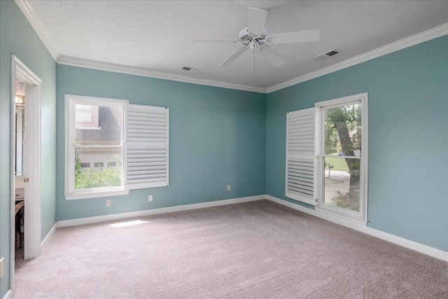 carpeted spare room featuring ceiling fan, ornamental molding, and a textured ceiling