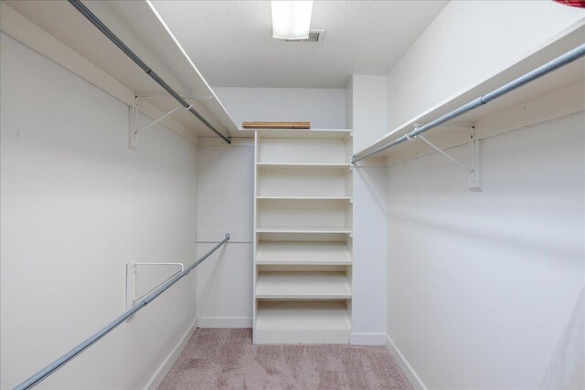 walk in closet with light carpet