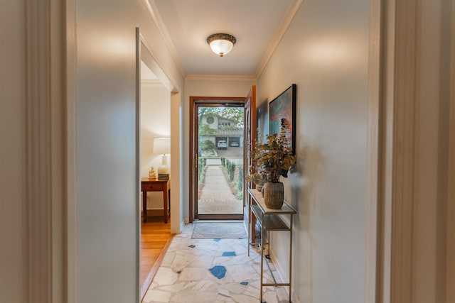 doorway featuring light hardwood / wood-style floors and ornamental molding