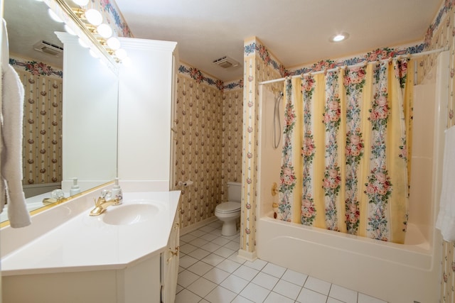 full bathroom featuring shower / bathtub combination with curtain, toilet, vanity, and tile patterned floors