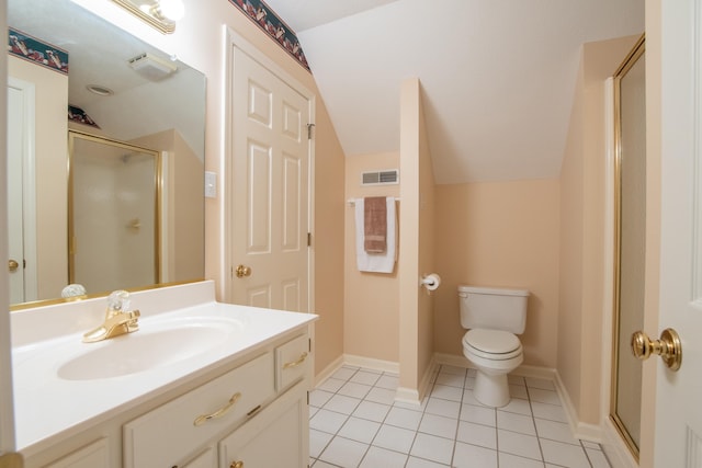 bathroom featuring a shower with shower door, tile patterned floors, vanity, toilet, and lofted ceiling