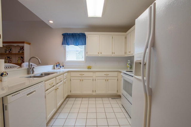 kitchen featuring sink, white cabinets, light tile patterned floors, kitchen peninsula, and white appliances