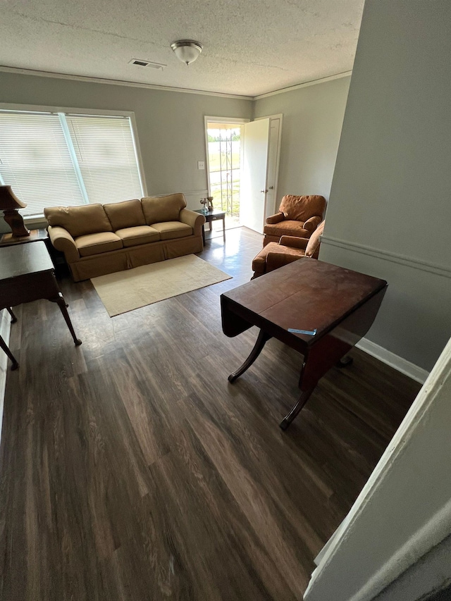 living room featuring a textured ceiling and wood-type flooring