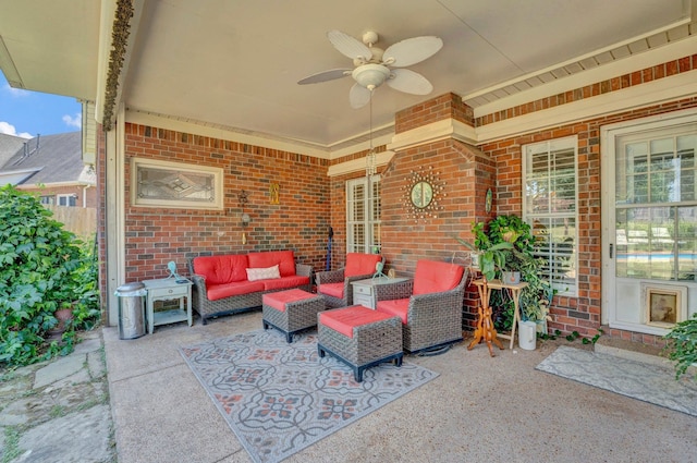 view of patio with ceiling fan and outdoor lounge area