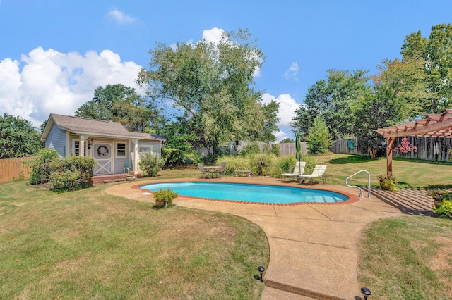 view of swimming pool featuring a patio area, a pergola, and a lawn