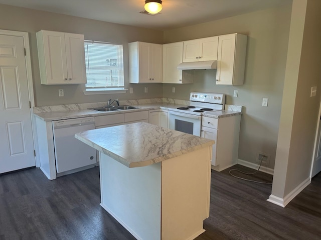 kitchen with a center island, white cabinetry, sink, dark hardwood / wood-style flooring, and white appliances