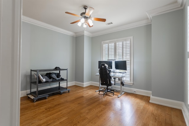 office area with ceiling fan, hardwood / wood-style floors, and ornamental molding