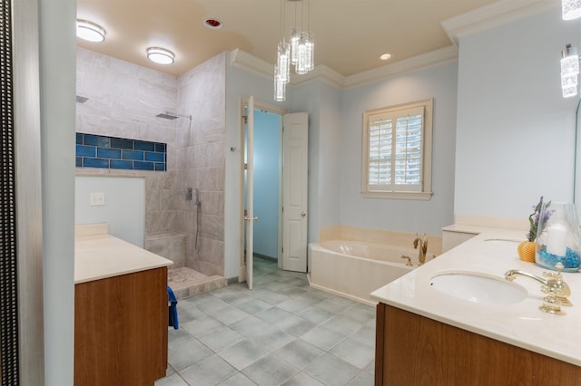 bathroom with tile patterned flooring, shower with separate bathtub, ornamental molding, and vanity