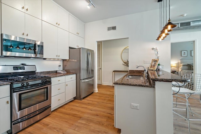 kitchen with light wood-type flooring, white cabinets, sink, decorative light fixtures, and stainless steel appliances