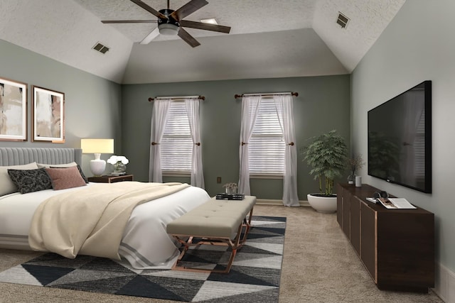 bedroom featuring lofted ceiling, light carpet, visible vents, and a textured ceiling