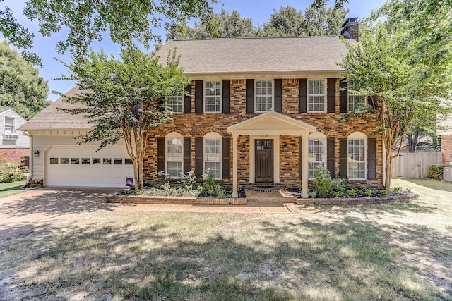 colonial inspired home with a garage and a front yard