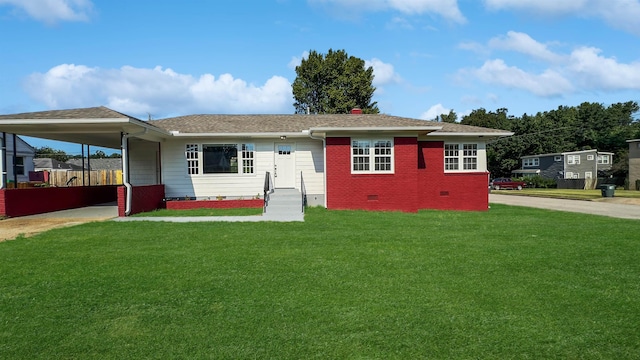 single story home with a carport, a front yard, crawl space, and brick siding