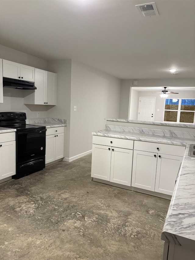 kitchen featuring white cabinetry, ceiling fan, light stone counters, and electric range