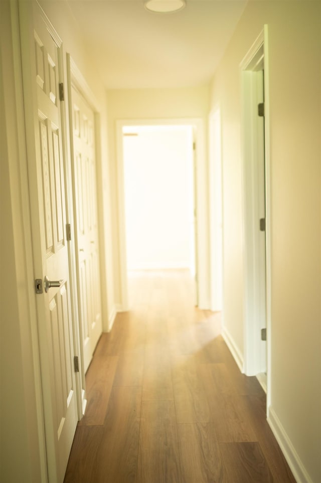 hall featuring dark wood-style floors and baseboards