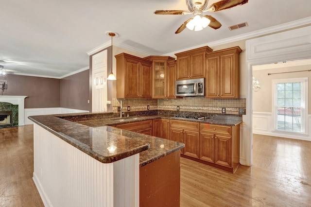 kitchen featuring light wood-type flooring, appliances with stainless steel finishes, ceiling fan, a premium fireplace, and pendant lighting