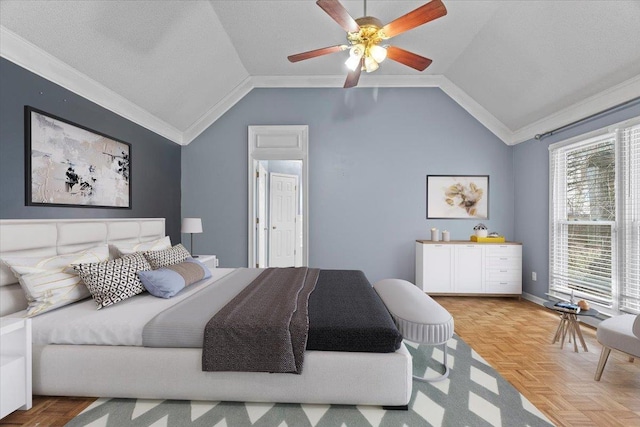 bedroom featuring lofted ceiling, ornamental molding, and a textured ceiling