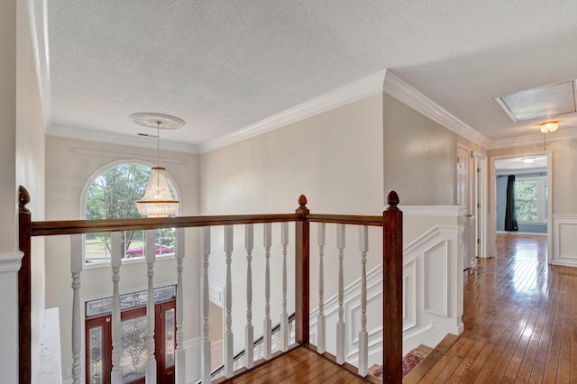 corridor featuring hardwood / wood-style floors, a healthy amount of sunlight, and crown molding