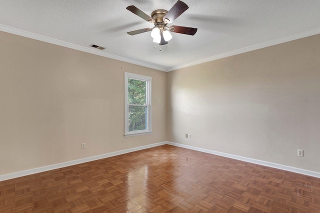 unfurnished room with ceiling fan, parquet flooring, crown molding, and a textured ceiling