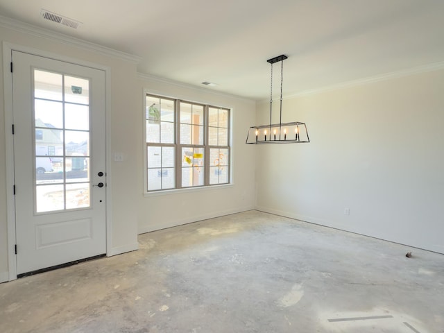 unfurnished dining area featuring crown molding, a healthy amount of sunlight, visible vents, and concrete floors