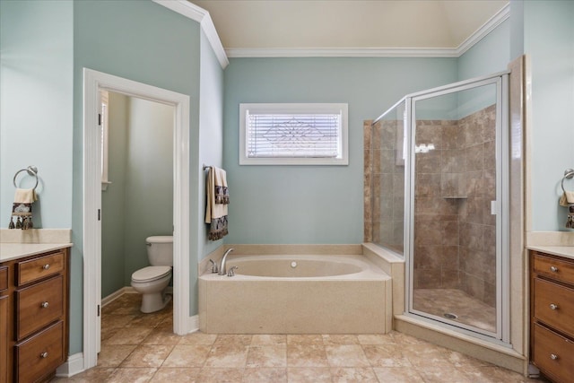 full bathroom featuring toilet, vanity, ornamental molding, tile patterned floors, and plus walk in shower