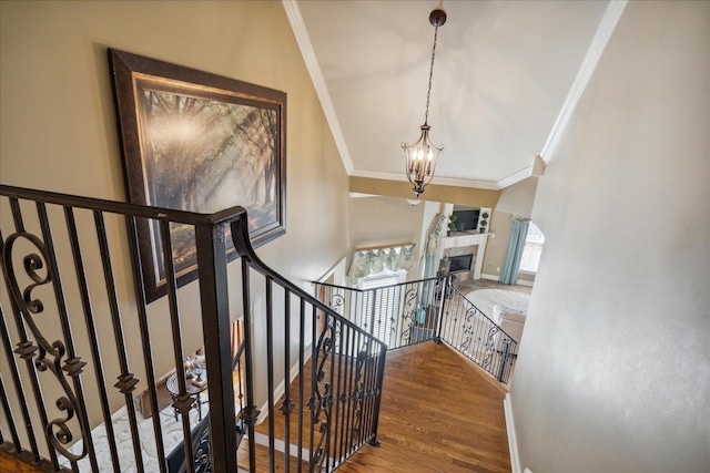 staircase featuring hardwood / wood-style floors, a notable chandelier, and ornamental molding