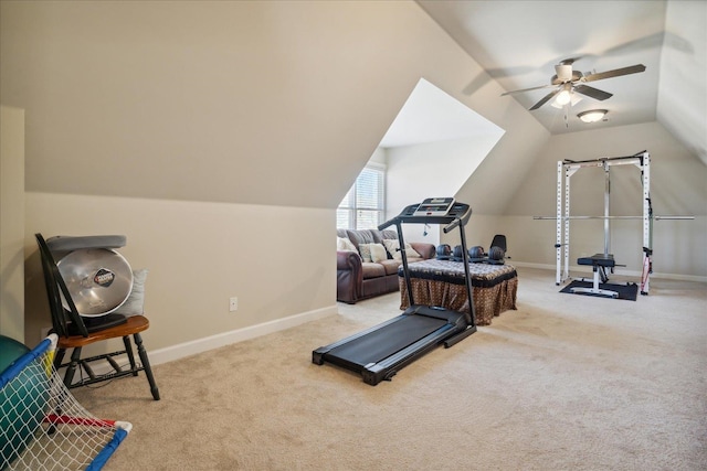 workout room with ceiling fan, light carpet, and lofted ceiling