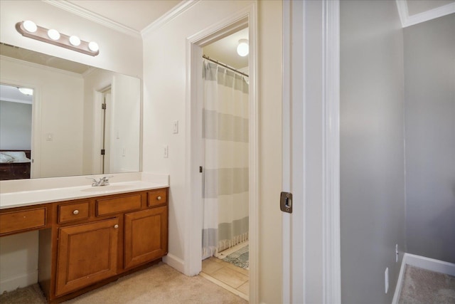 bathroom with crown molding, a shower with shower curtain, and vanity