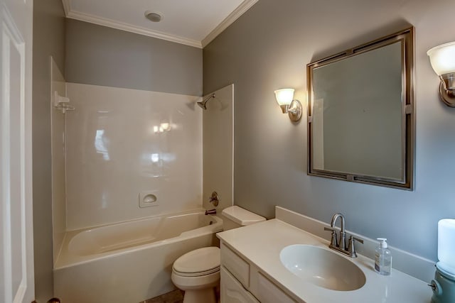 full bathroom featuring toilet, ornamental molding, shower / bath combination, and vanity