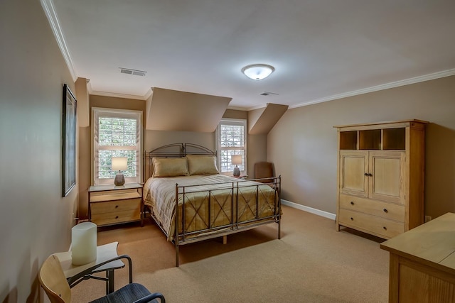 bedroom featuring baseboards, visible vents, ornamental molding, and light colored carpet