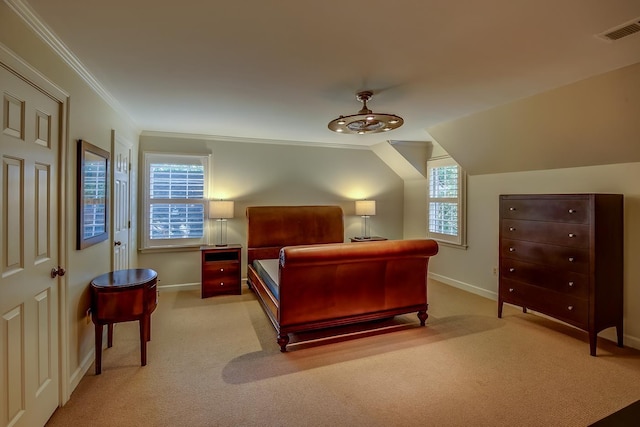 bedroom with ornamental molding, light colored carpet, visible vents, and baseboards