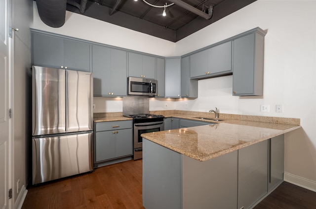 kitchen featuring appliances with stainless steel finishes, a sink, a peninsula, and dark wood-style floors