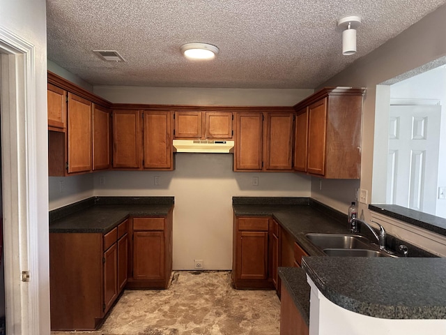 795 Williams Ave, Memphis, TN 38126 - kitchen featuring under cabinet range hood, a sink, brown cabinets, a textured ceiling, and a peninsula