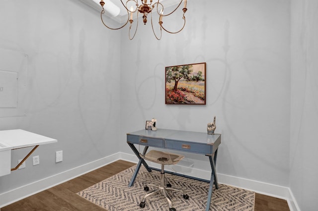 office area featuring an inviting chandelier and wood-type flooring