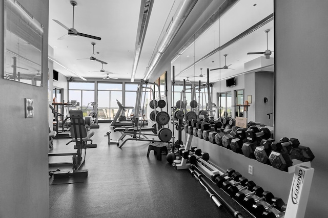 workout area with ceiling fan