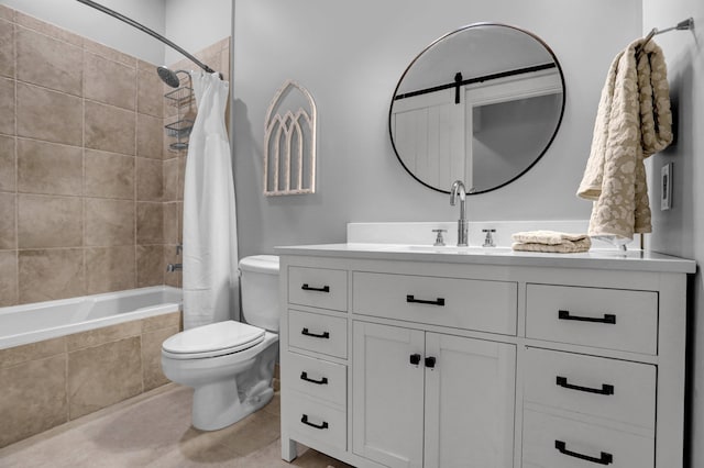 full bathroom with shower / tub combo with curtain, toilet, and vanity