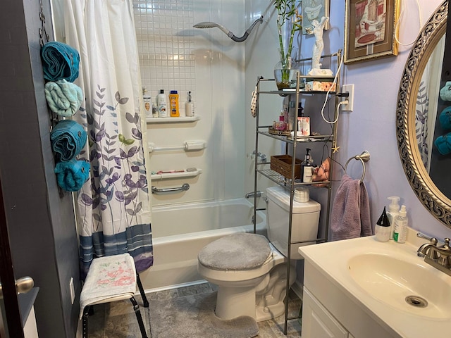 full bathroom featuring shower / bath combination with curtain, toilet, tile patterned floors, and vanity