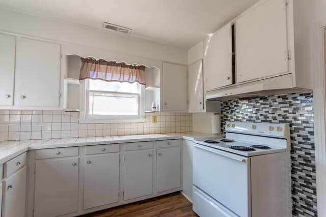 kitchen with backsplash, dark hardwood / wood-style floors, and white range with electric cooktop