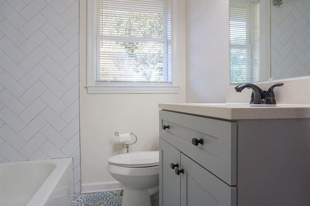 full bath with toilet, washtub / shower combination, and vanity