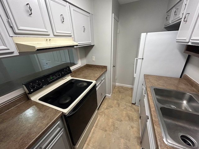 kitchen featuring white cabinetry, white appliances, light tile patterned floors, sink, and ventilation hood