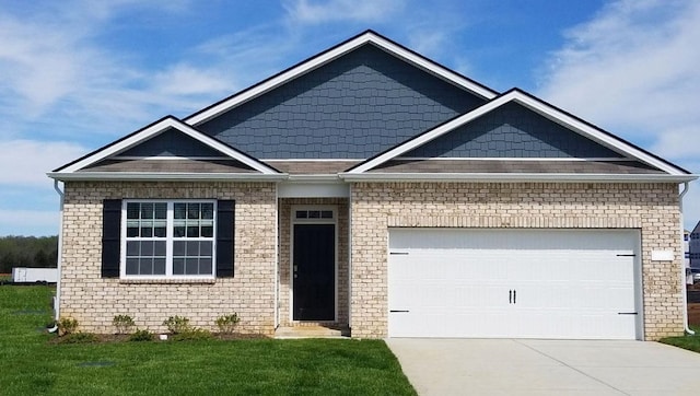 ranch-style home with an attached garage, driveway, a front lawn, and brick siding