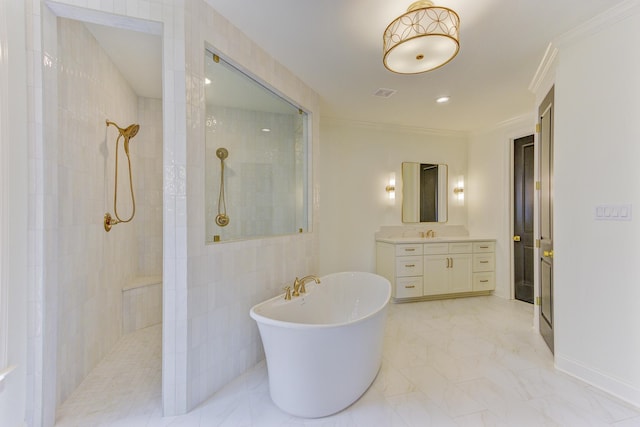 bathroom with plus walk in shower, vanity, and ornamental molding