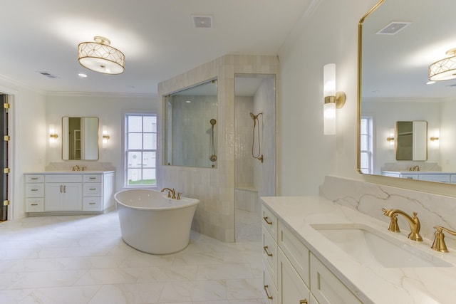 bathroom featuring vanity, separate shower and tub, and ornamental molding