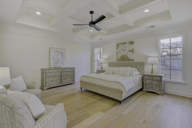 bedroom featuring beamed ceiling, ceiling fan, light wood-type flooring, and coffered ceiling