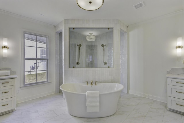 bathroom featuring vanity, ornamental molding, tile walls, and independent shower and bath