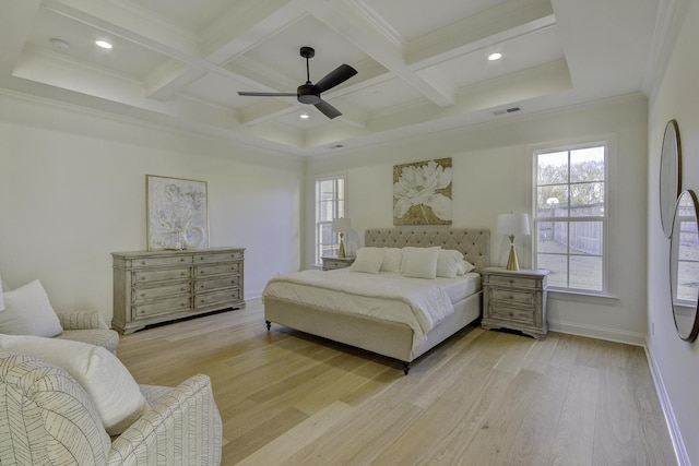 bedroom with multiple windows, ceiling fan, light hardwood / wood-style flooring, and ornamental molding