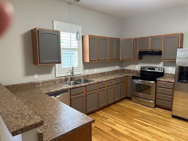 kitchen featuring light hardwood / wood-style flooring, stainless steel appliances, kitchen peninsula, and sink